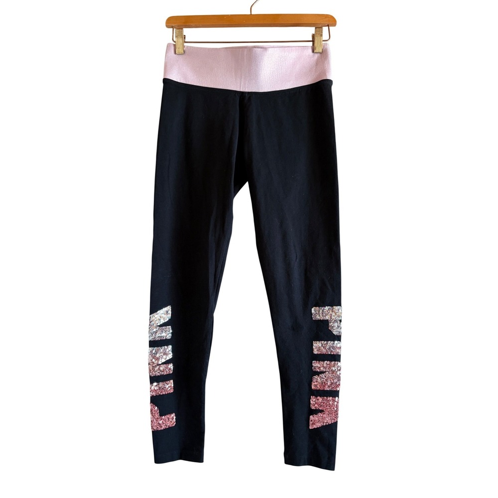 PINK Victoria's Secret Yoga Leggings Black Pink Sequin Logo Small Foldover Waist